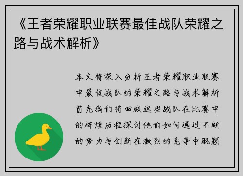 《王者荣耀职业联赛最佳战队荣耀之路与战术解析》