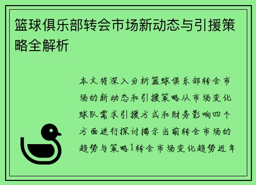 篮球俱乐部转会市场新动态与引援策略全解析
