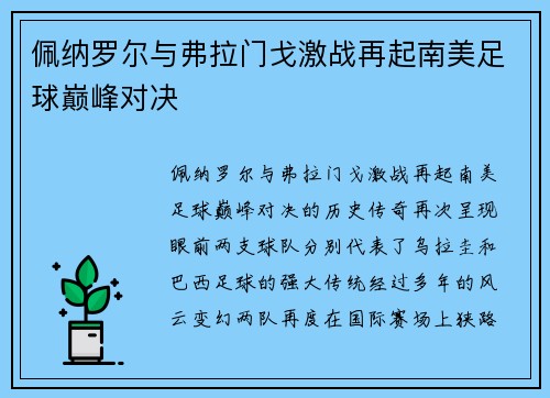 佩纳罗尔与弗拉门戈激战再起南美足球巅峰对决